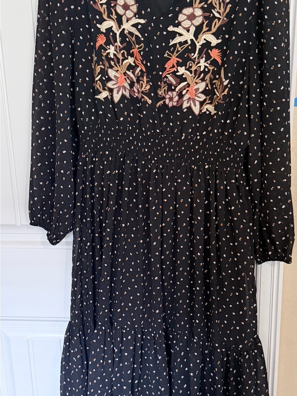Black Embroidered Maxi Dress with Subtle Dot Print